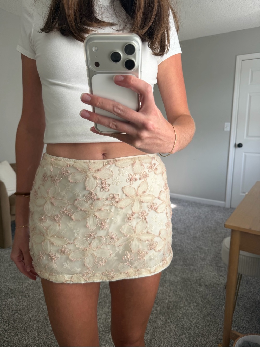 Cream Floral Embroidered Mini Skirt